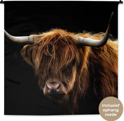 Produktbild von MuchoWow® Wandteppich Wandbehang Schottisches Hochlandrind - Hörner - Schwarz - Tiere - Natur - Wild - Kuh 120x120 cm Tapisserie Dekoration Wandtuch - Modern - Baumwollgewebe