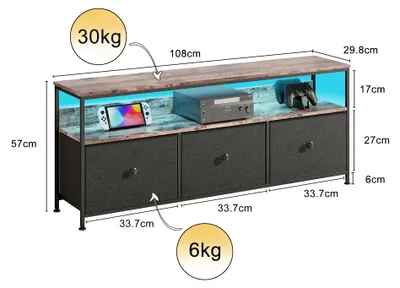 Zdjęcie produktu dla Meble do telewizora - Komoda pod telewizor - 3 szuflady obite tkaniną - Oświetlenie LED - Materiał: MDF i metal - Wymiary: 108 × 29,8 × 57 cm - Kolor: czarny