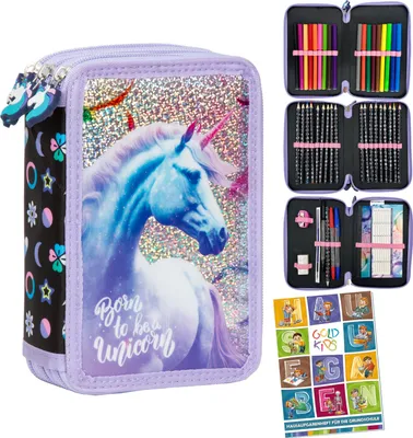 Produktbild von Federmäppchen 3 Fächer Mäppchen Mädchen Federmappe 3-Fach Federtasche Gefüllte Schüleretui 44-teilig Schulmäppchen Hausaufgabenheft Einhorn