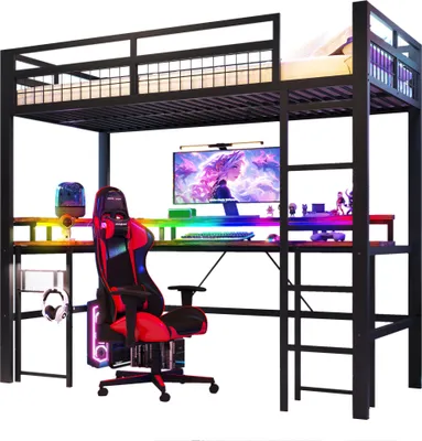 Produktbild von Hochbett mit RGB LED-Streifen, Schreibtisch, Monitorständer, Lattenrost, Rausfallschutz, Steckdosen, USB, Type-C, 90x200cm, Metallbett, Kinderbett