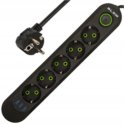 Obrázek produktu pro Prodlužovací kabel Blow, černý, 3 metry, 5 zásuvek, 3 USB porty, s vypínačem, CE a RoHS