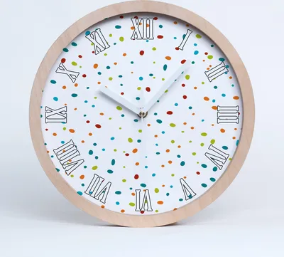 Produktbild von Holzuhr 20fi cm wanduhr - weiße Spitzen - farbige Punkte