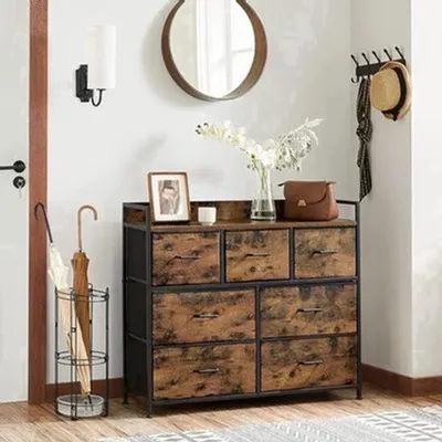 Imagen del producto de Mueble de almacenamiento - diseño industrial - madera marrón con estructura metálica y 7 cajones de tela