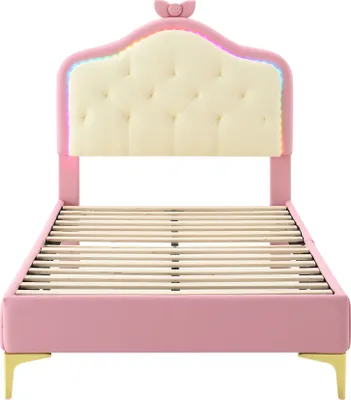 Produktbild von Flieks Polsterbett 90x200cm mit Lattenrost, Kinderbett Jugendbett mit LED, Einzelbett Holzbett mit Schleiförmigem Kopfteil, Klassisches Bett, PU, Rosa