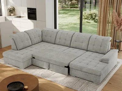 Produktbild von MKS MEBLE Ecksofa Wohnlandschaft U-Form, Sofa mit Schlaffunktion, Schlafsofa mit bettkasten, Couch mit Schlaffunktion - Hellgrau Struktur - Madrito U - links