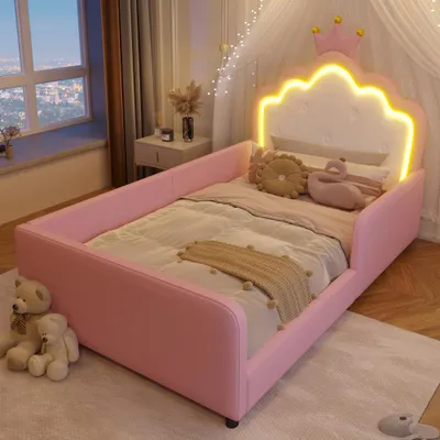 Produktbild von Polsterbett, Mit LED-Lichtleiste, Prinzessinnenbett in Kronenform, Prinzessinnenbett in Kronenform, Sicherheitsgitter, PU, Ohne Matratze, Rosa, 90 x 190 cm