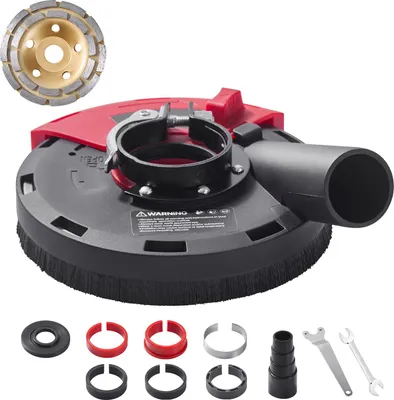 A dust shroud for an angle grinder and a diamond grinding cup are displayed with various accessories.