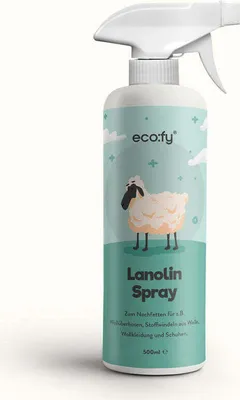 Produktbild von eco:fy Lanolin-Spray, flüssiges Wollfett als Spray zum Nachfetten von Wollkleidung, Wollhosen und Wollschuhen, pestizidfrei und von -Schafen, schnelle Wollpflege
