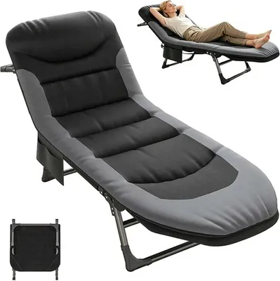 Produktbild von Feldbett Klappbar XXL, Campingbett & Campingliege mit 6-fach verstellbarer Rückenlehne, 190x65x30 cm, bis 200 kg, Klappbett integrierte Matratze, Seitentasche, Gästebett für Garten, Indoor (schwarz)