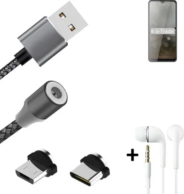 Produktbild von K-S-Trade® Hochwertiges Magnet-Lade-kabel Sync-Kabel Daten-Kabel + Kopfhörer für Cubot Note 10 mit USB-Typ-C-Anschluss und Micro-USB-Anschluss 2A