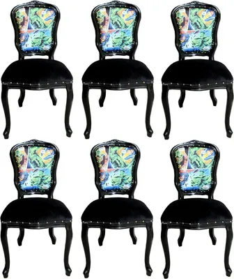 Produktbild von Casa Padrino Luxus Barock Esszimmer Set Comic Mehrfarbig / Schwarz 55 x 54 x H. 103 cm - 6 handgefertigte Esszimmerstühle - Designer Stühle - Barock Esszimmermöbel