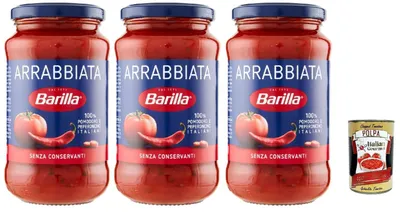 Produktbild von Barilla Arrabbiata Pasta-Sauce – 3 x 400 g (1200 g) | Mit italienischen Tomaten & Chili – würzige, servierfertige Pastasauce aus Italien für Spaghetti & Penne + Italian Gourmet polpa