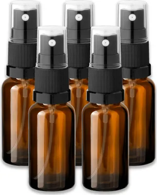 Produktbild von 5x Glasflasche braun 20 ml mit schwarzem Zerstäuber Kosmetikflasche