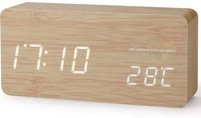 Obrázok produktu pre Digitálny drevený budík s LED displejom teploty – 12/24-hodinový formát času – 3 nastaviteľné úrovne jasu – USB rozhranie – do spálne, kancelárie a obývačky – vzhľad dreva