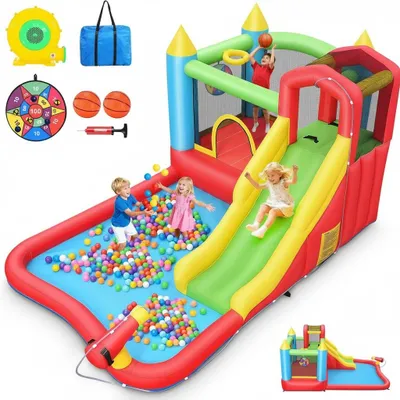 Image de Structure gonflable pour enfants de 3 à 12 ans avec toboggan, trampoline, piscine à balles, panier de basket, cible, mur d'escalade, canon à eau, ventilateur inclus, 415 × 255 × 192 cm