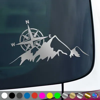 Produktbild von PantherPixel Kompass Berge Aufkleber Windrose Reisen Camping Sticker Auto Geschenkidee Farbe Silber