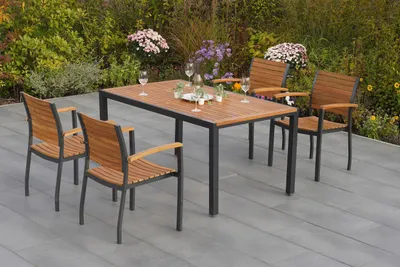 Produktbild von Merxx Gartenmöbel Set Santorin 5tlg., 4 Stapelsessel, Tisch 150 x 90 cm- Aluminium/Akazie