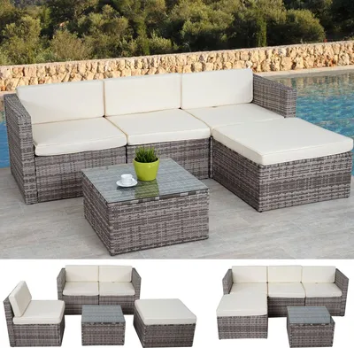 Produktbild von Poly-Rattan-Garnitur HWC-D28, Gartengarnitur Sofa Set grau, Polster creme ohne Deko-Kissen/Abdeckung