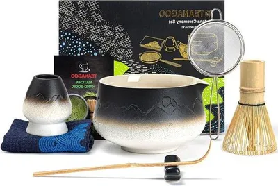 Produktbild von Famanu Matcha Set - 7-teiliges Bambus Matcha Kit mit Halter und Schöpfer - Weiß Schwarz Gradient N34