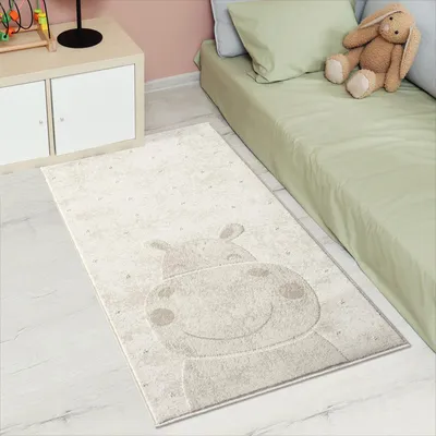 Produktbild von Kinderteppich Creme, Beige - 80x150 cm - Tier-Motiv Nilpferd - Kinderzimmerteppiche