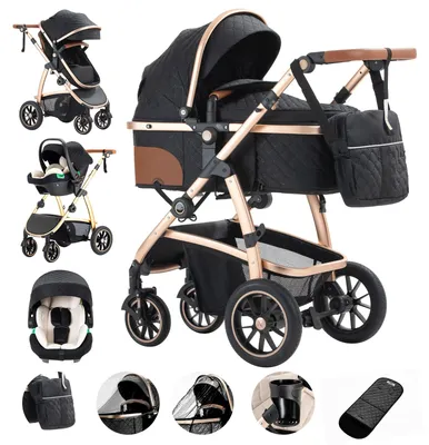 Image de Poussette combinée 3-en-1 - Poussette de voyage - Poignée réglable en hauteur - Moustiquaire - Châssis en aluminium pliable - Jusqu'à 20 kg - Noir