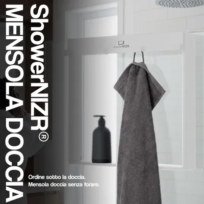 Immagine prodotto di ShowerNIZR® Mensola doccia Arctic White - Mensola doccia senza foratura da appendere alla parete in vetro in acciaio inox con 4 ganci
