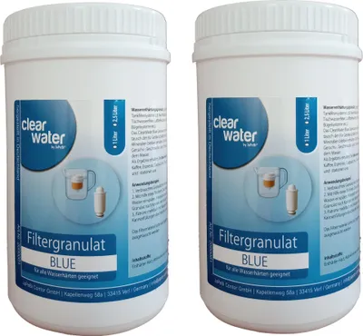 Produktbild von ClearWater BLUE Filtergranulat Nachfüllgranulat Enthärter mit Aktivkohle für Wasserfilter Filterkannen - reduziert Kalk und Schadstoffe, 2L