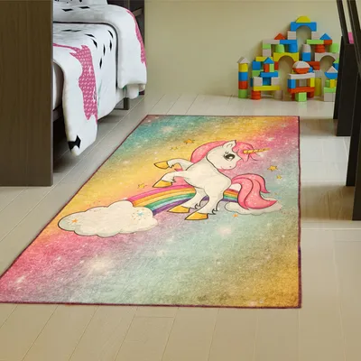 Produktbild von Bosdela Kinder - und Babyteppiche – 100x160 cm Einhorn Waschbar, Rutschfest, Weich, für Kinderzimmer & Spielzimmer für Mädchenzimmer Kinderteppiche