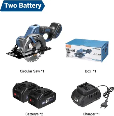 Produktbild von Akku Handkreissäge 150 mm - Bürstenlose Holzsäge - 20V - 2 Akkus inklusive - 6800 U/min - 51 mm Schnitttiefe - Mit Digitalanzeige