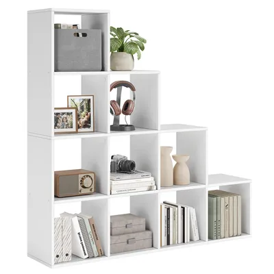 Image de VASAGLE Bibliothèque avec 10 cubes Séparateur de pièce Étagère d'escalier Étagère sur pied blanche