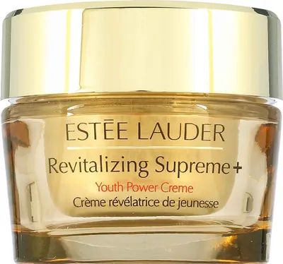 A close-up studio shot of an Estee Lauder Revitalizing Supreme+ Youth Power Cream jar.