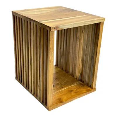 A wooden side table with a slatted design, presented against a white background.