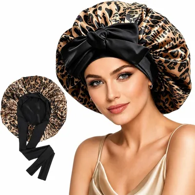 Produktbild von Seidene Schlafhaube mit Leopardenmuster, doppellagige Satin-Lockenhaube zum Schlafen, verstellbares Bonnet für Frauen zum Schutz von Locken und langem Naturhaar