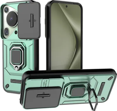 Produktbild von Hülle für Huawei Pura 70 Ultra Dual Layer Handyhülle Schiebe Kamera Schutz und Ringhalter Ständer Grün