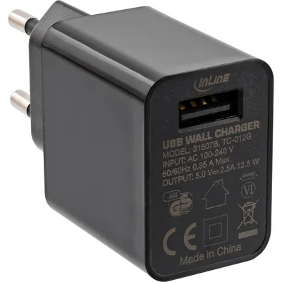 Produktbild von InLine USB Ladegerät Single, Netzteil, 100-240V zu 5V/2,5A, schwarz, Drinnen, AC, 5 V, Schwarz