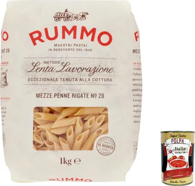 Produktbild von 12x Rummo Mezze penne rigate N. 28 Hartweizengrieß Pasta Italienische Nudeln 1Kg Packung + Italian Gourmet Polpa di Pomodoro 400g Dose