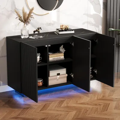 Obrázek produktu pro Komoda STILVORA s LED osvětlením a Bluetooth ovládáním, skříň do obývacího pokoje s vertikálními pruhy, komoda s designem imitujícím mramor, černá barva