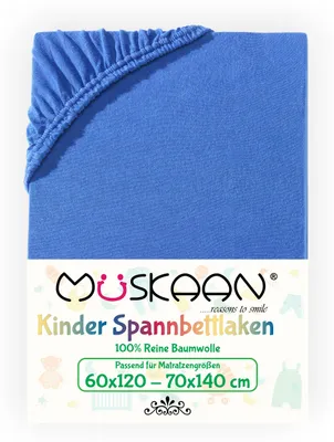 Produktbild von Müskaan Jersey Kinder Spannbettlaken 60x120 - 70x140 cm royalblau bis 12cm Matratzenhöhe Gummizug Bettlaken 100% Baumwolle
