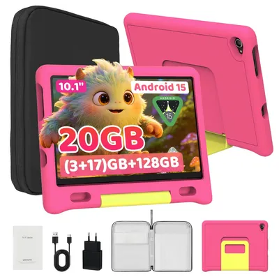 Produktbild von Kinder-Tablet 10 Zoll, 20(3+17)GB RAM, 128GB ROM, Android 15, Kindersicherung, Dual-Kamera, WiFi 6, mit Hülle & Tasche