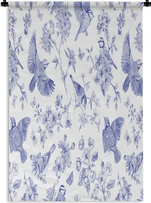 Produktbild von MuchoWow® Wandteppich Wandbehang Vintage - Vogel - Blau 60x90 cm Tapisserie Dekoration Wandtuch - Foto-Teppich - Abwaschbar