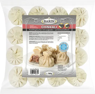 Produktbild von BARIN Chinkali mit Schweine- und Jungbullenfleisch, handgefertigte Nudelteigtaschen, tiefgefroren, 750g, ideal für Familienessen oder Festmahl