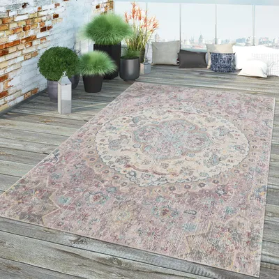 Produktbild von TT Home In- & Outdoor-Teppich, Kurzflor Für Balkon Terrasse, Orient-Muster In Rosa Größe 200 cm Rund