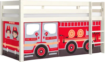 Produktbild von Halbhohes Bett Pino mit Textilset Feuerwehr Kiefer Weiß lackiert
