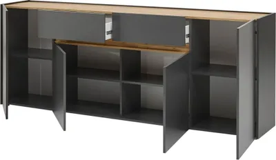 Produktbild von Sideboard "Center" in grau matt mit Wotan Eiche, Kommode 4-türig 220 x 87 cm