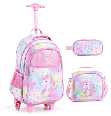 Produktbild von COSTWAY Einhorn Rucksack Kinder mit Rädern, Schulrucksack Trolley, 3 in 1 Ergonomischer Kinder Reisegepäck mit Lunchtasche & Federmäppchen, Rosa