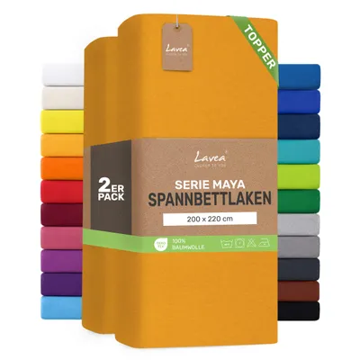 Zdjęcie produktu dla Zestaw 2 sztuk prześcieradeł elastycznych Lavea® o wymiarach 200x220 cm, wykonanych w 100% z bawełnianej dzianiny – do materacy o grubości do 10 cm – miękkie, w kolorze złocistożółtym