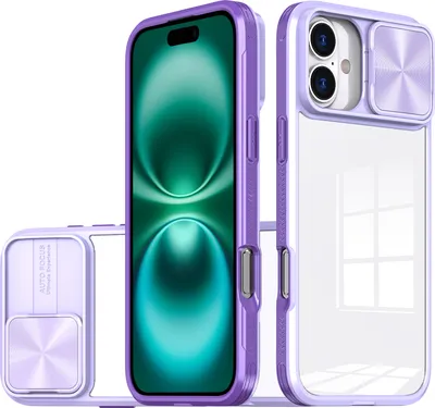 Produktbild von Hülle für iPhone 16 Plus Transparent TPU Bumper Schutzhülle mit Schiebe Kamera Schutz Lila