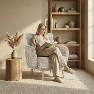 Obrázok produktu pre LVHOM Relaxačné kreslo s látkou bouclé, Ergonomické čalúnené kreslo s bočnými vreckami, Kreslo s drevenými nohami, Kreslo s nosnosťou do 230 kg, Khaki