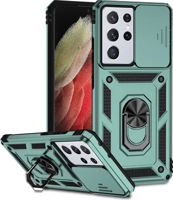 A protective phone case with a sliding camera cover and a ring holder, shown from multiple angles.