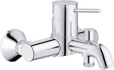 A chrome-finished faucet with a handle and spout, mounted on a white background.